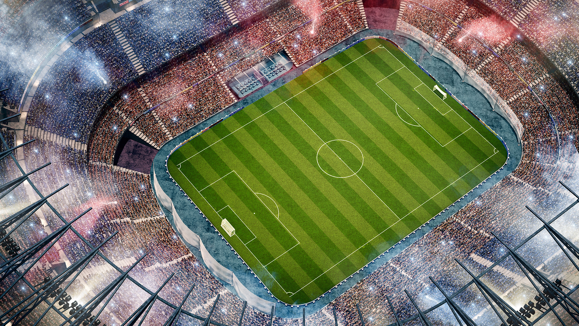 Bird view to the soccer stadium full of spectators