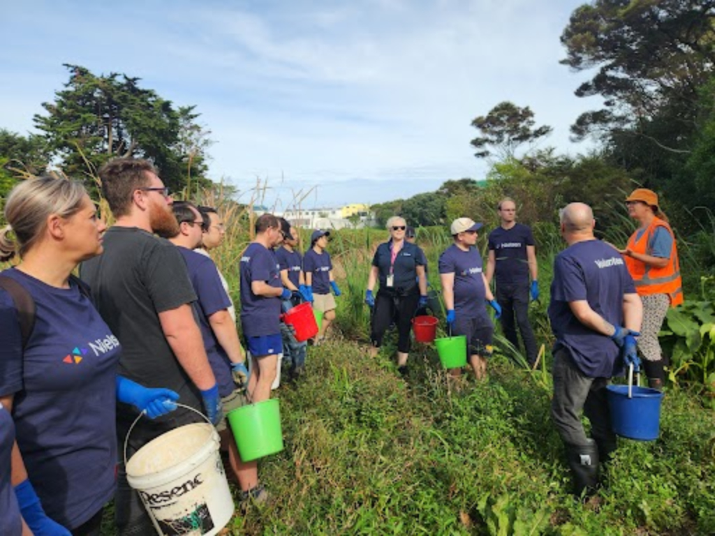 Grupo de voluntarios sosteniendo cubos en un campo